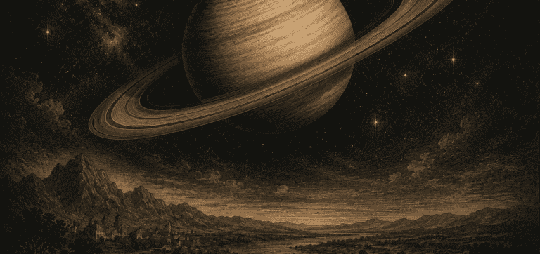 Saturn planet illustration in vintage engraving style — saturn return astrology